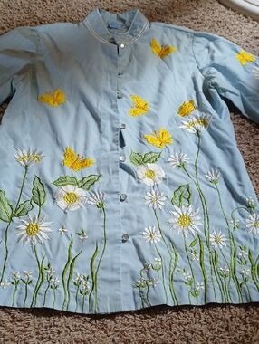 Light Blue Embroidered Butterfly & Daisy Button-Up Blouse